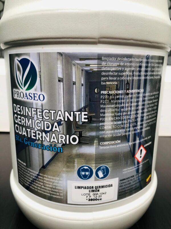 Desinfectante cuaternario 3.800 cm3  Alta capacidad de limpieza, eliminación del 99.9% de virus y bacterias. Insumo de limpieza para empresas y hogares. Domicilios en Bogotá 3508972781